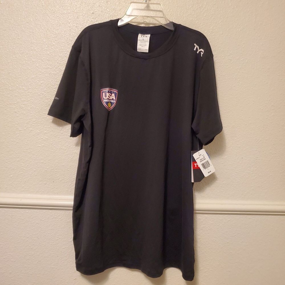 TYR Water Polo Black Men's Rashguard T-shirt Black Size L Large NWT‎ New UPF50+